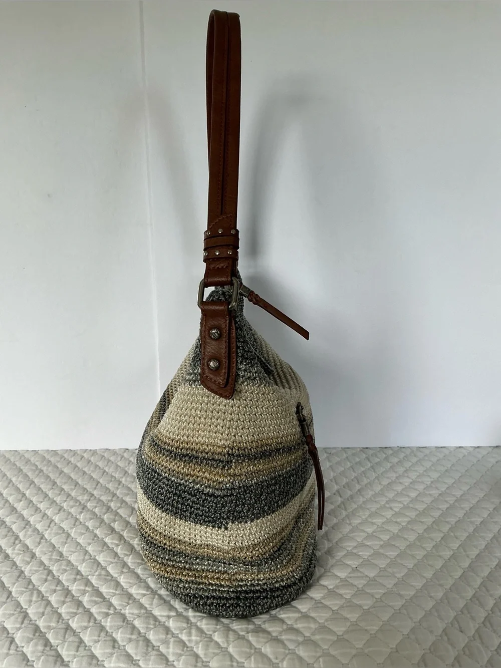 The Sak Sequoia Striped Crochet Hobo Bag in Brown and Cream